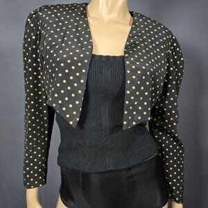 Vintage 80s Black Beige Polka Dot Bolero Shrug Cropped Jacket size M